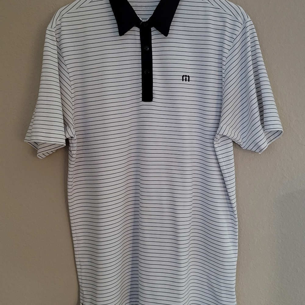 Travis Mathew Polo Style Golf Shirt white with black stripes size L